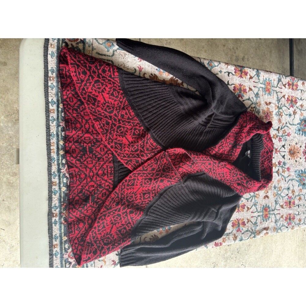 Style & Co Women's Large L Red Black Geometric Open Front Cardigan Sweater